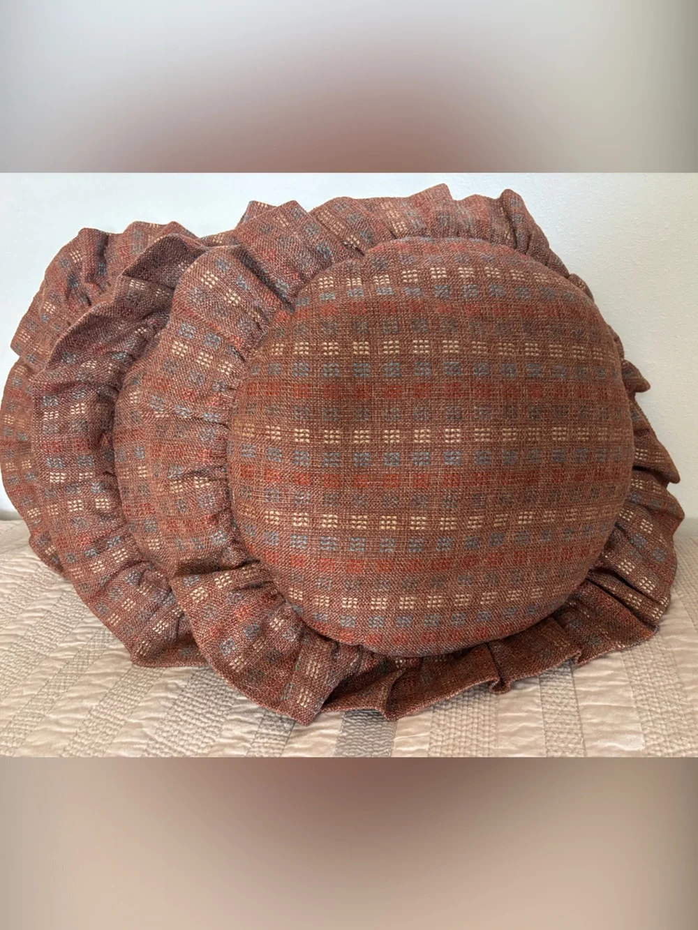 Vintage Tweed Rust Plaid Round Ruffled Throw Pillow Set of 3 Charming Nostalgia
